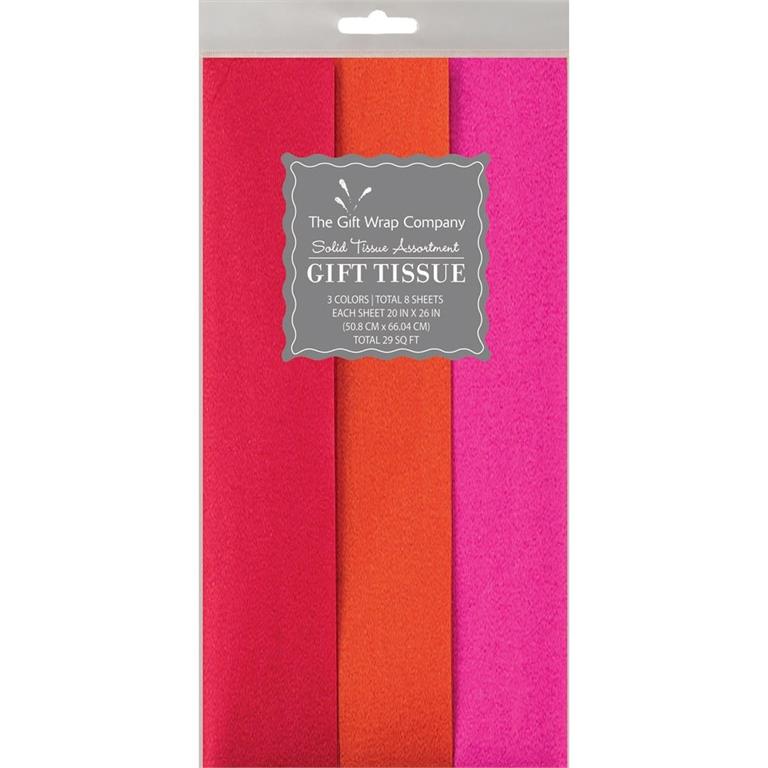 Packaged red, orange, and pink tissue paper for gift-wrapping