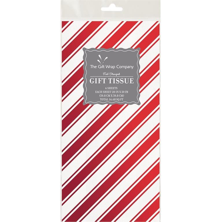 Packaged red and white candy cane stripe gift-wrapping tissue paper