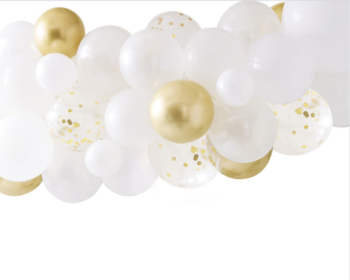 Matte white, pearl white, gold, and clear gold confetti-filled balloon arch