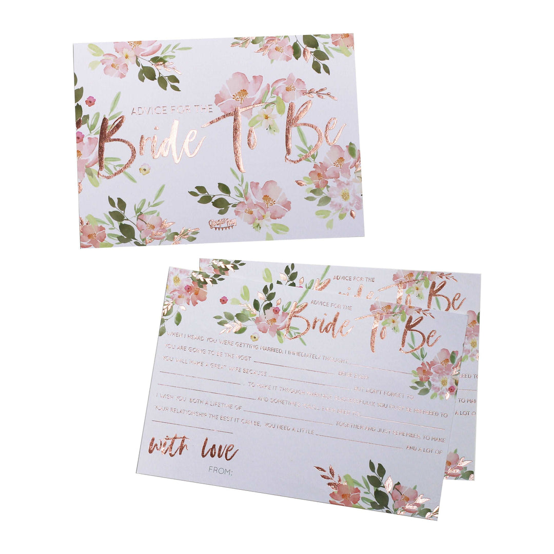 Rose gold printed floral advice cards with the text &
