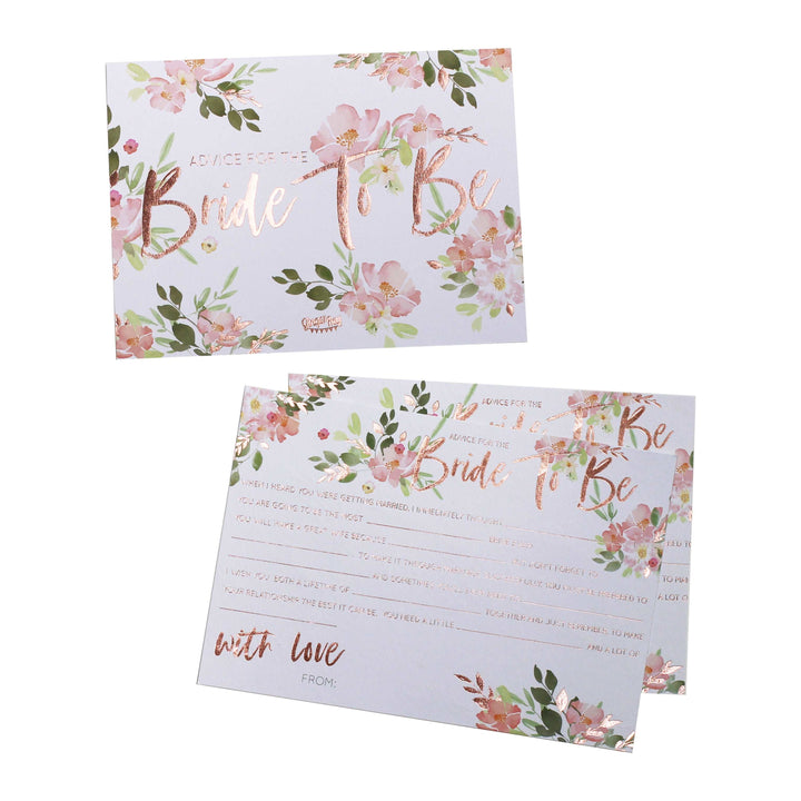 Rose gold printed floral advice cards with the text &