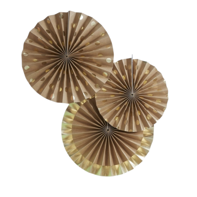 3 Kraft paper party fans with gold foil polka dot print and edge detail