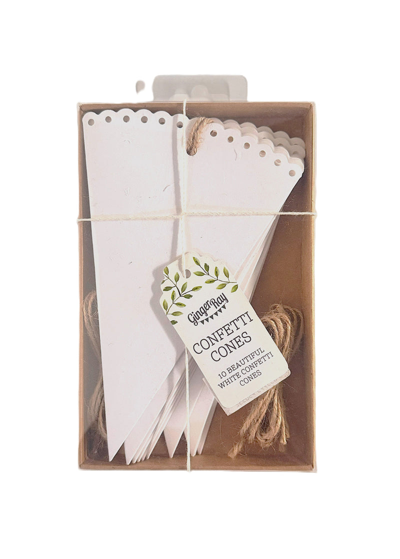 Box of white scalloped edge confetti cones with a decorative tag on a white background