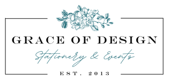 A centered logo-style graphic on a white background reading 'GRACE OF DESIGN' with 'Stationery & Events' below, plus 'EST. 2013' and a teal floral illustration above.