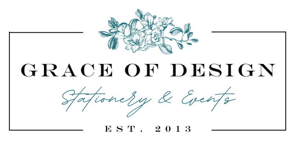 A centered logo-style graphic on a white background reading 'GRACE OF DESIGN' with 'Stationery & Events' below, plus 'EST. 2013' and a teal floral illustration above.
