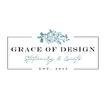A centered logo-style graphic on a white background reading 'GRACE OF DESIGN' with 'Stationery & Events' below, plus 'EST. 2013' and a teal floral illustration above.
