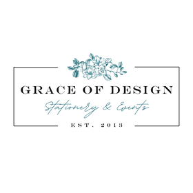 A centered logo-style graphic on a white background reading 'GRACE OF DESIGN' with 'Stationery & Events' below, plus 'EST. 2013' and a teal floral illustration above.