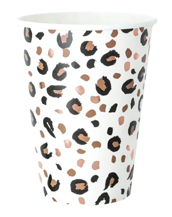 Paper cup with leopard print pattern on a white background