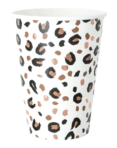 Paper cup with leopard print pattern on a white background