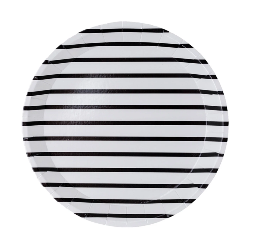 White with black pinstripe party paper plate
