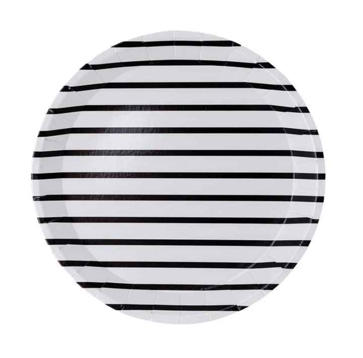 White with black pinstripe party paper plate