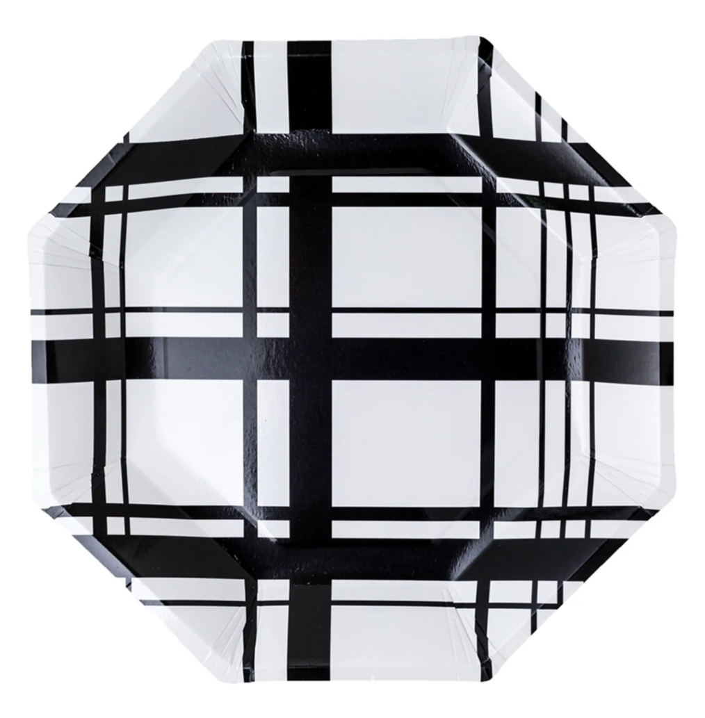 White party paper plate with black plaid-checkered pattern.