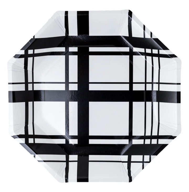 White party paper plate with black plaid-checkered pattern.