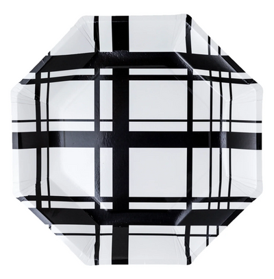 White party paper plate with black plaid-checkered pattern.