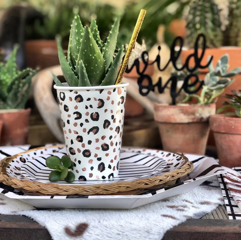 Cactus in a leopard print paper cup on top of a white and black striped dessert plate, on top of a leopard print dinner which is on a wicker plate tray on top of a white and black plaid print charger plate on a table with other plants in the background