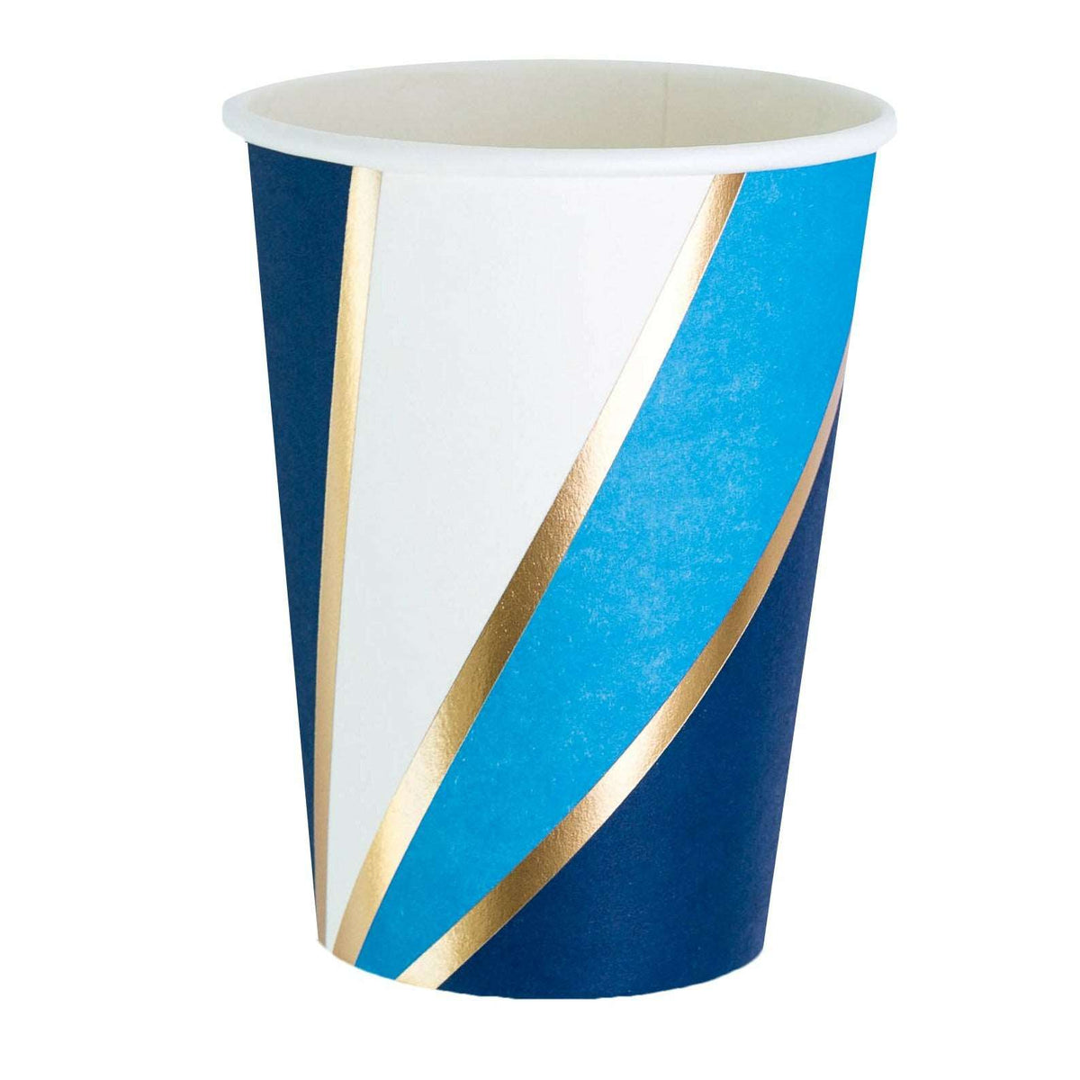 navy, sky blue, white, and gold foil swirl print paper cup on a white background
