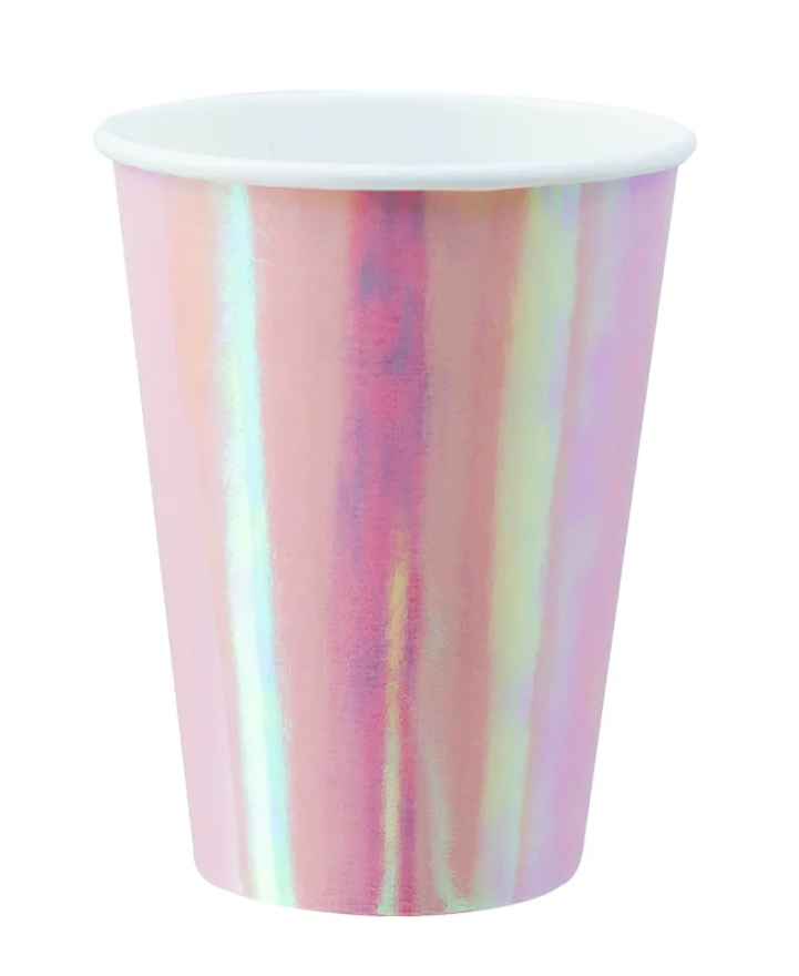 An iridescent peach-pink paper cup.