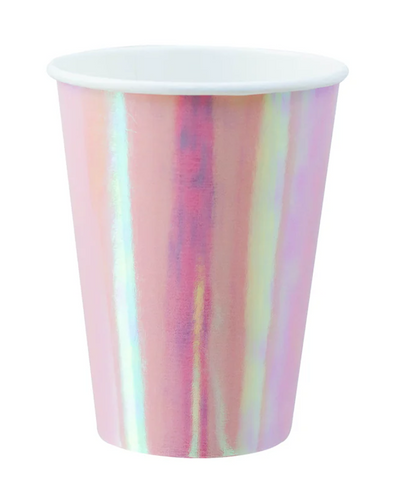 An iridescent peach-pink paper cup.