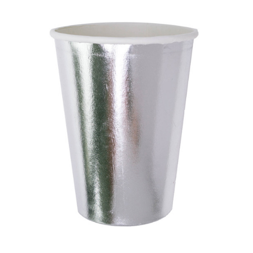 Silver metallic paper cup on a white background