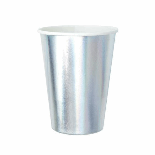 A shiny, iridescent silver paper cup with a smooth finish against a white background.