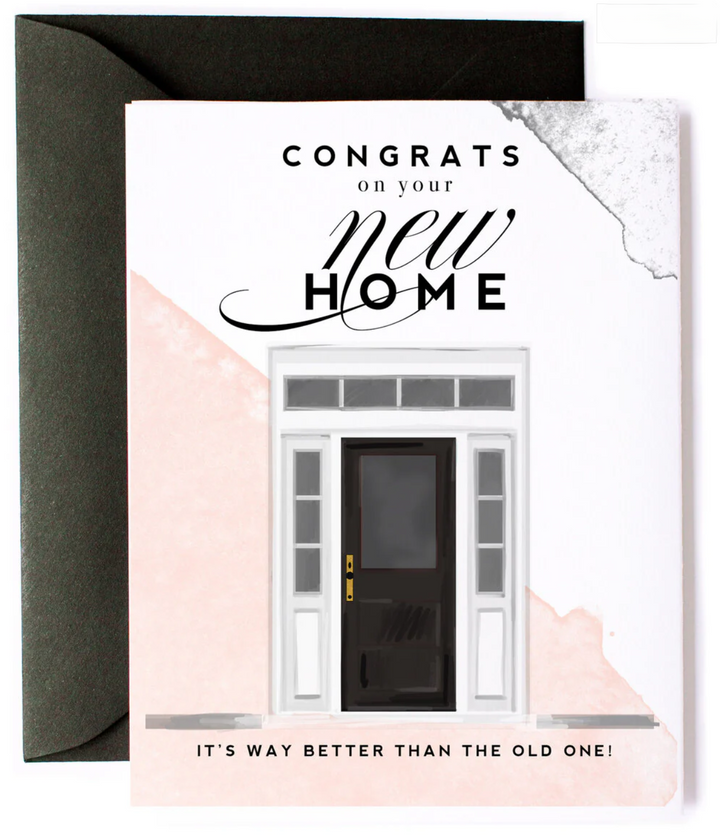 Pink, white, and grey greeting card with "Congrats on your new home&