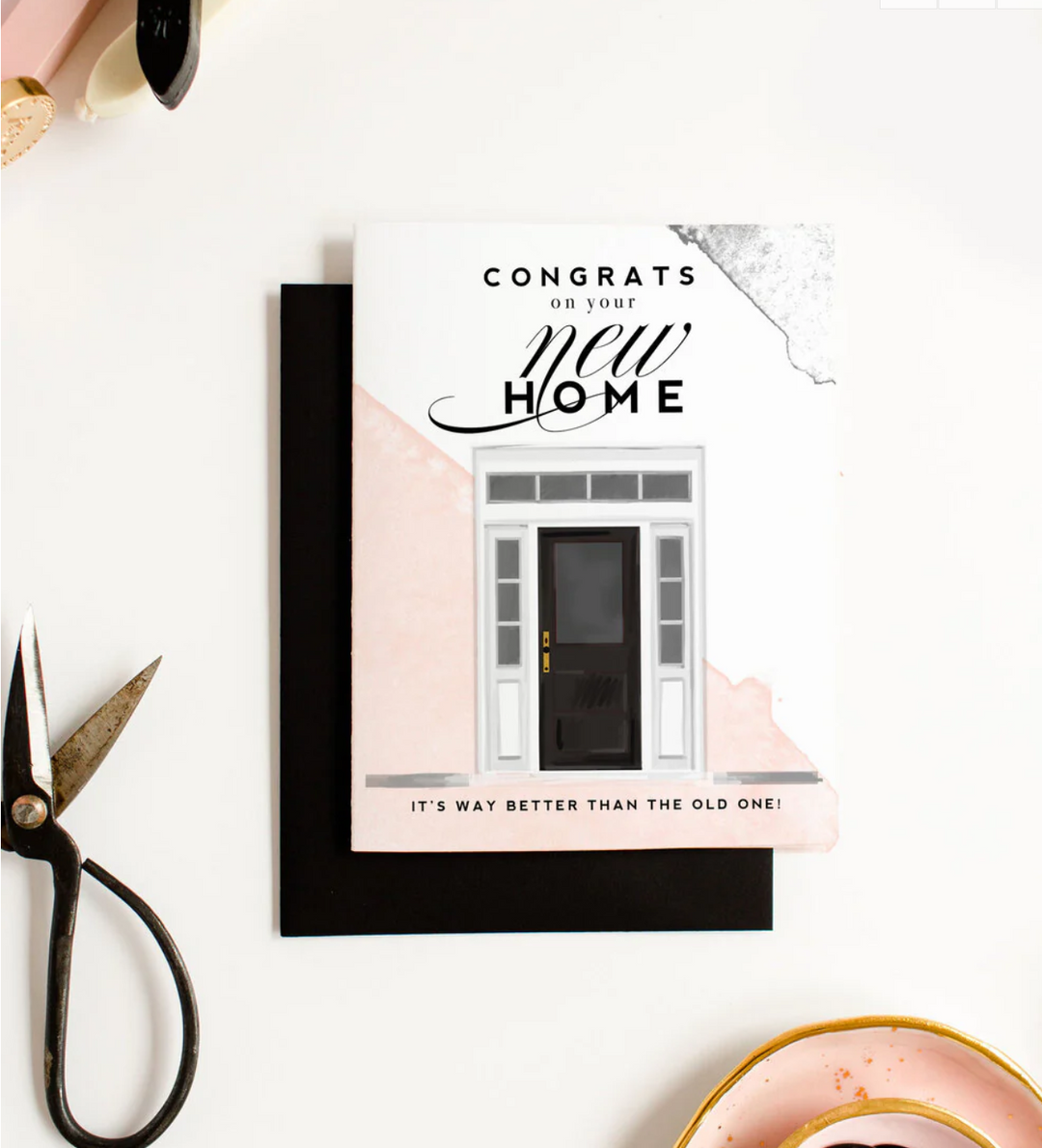 Pink, white, and grey greeting card with "Congrats on your new home&