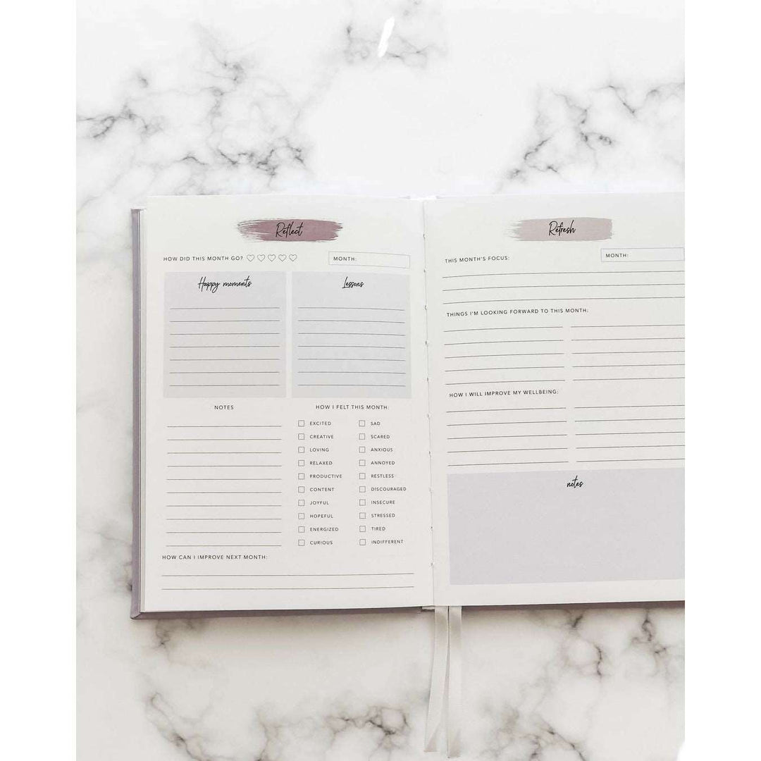 A journal opened to a page with sections to reflect on your feelings for the day and month, another page with sections to refresh your focus on the important things for the day and month, on top of a marble table.
