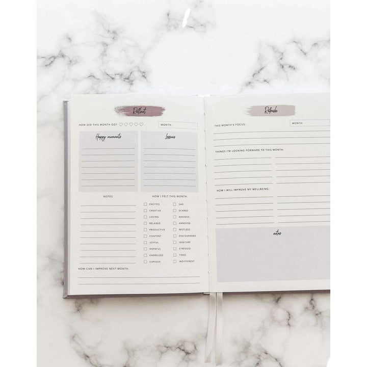 A journal opened to a page with sections to reflect on your feelings for the day and month, another page with sections to refresh your focus on the important things for the day and month, on top of a marble table.