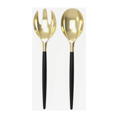 White background, black-handled salad serving set with gold tops. 1 salad serving fork next to 1 salad serving spoon