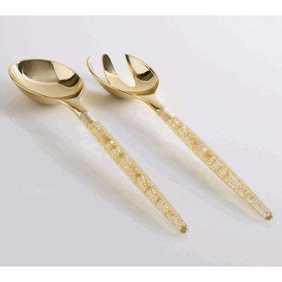 A set of gold-colored flatware consisting of a fork and a spoon with glitter-filled clear plastic handles.