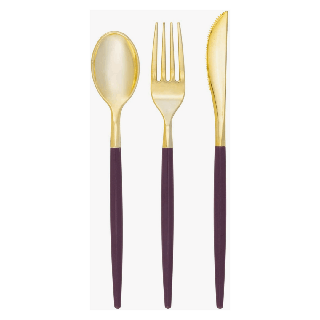 white background, purple handled, and Gold Plastic Cutlery Set, 1 fork, 1 spoon, and 1 knife