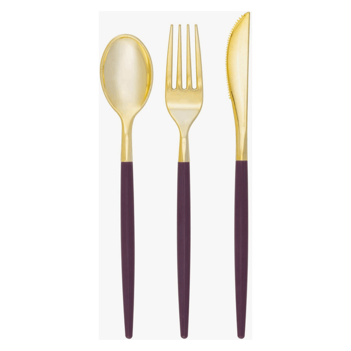 white background, purple handled, and Gold Plastic Cutlery Set, 1 fork, 1 spoon, and 1 knife