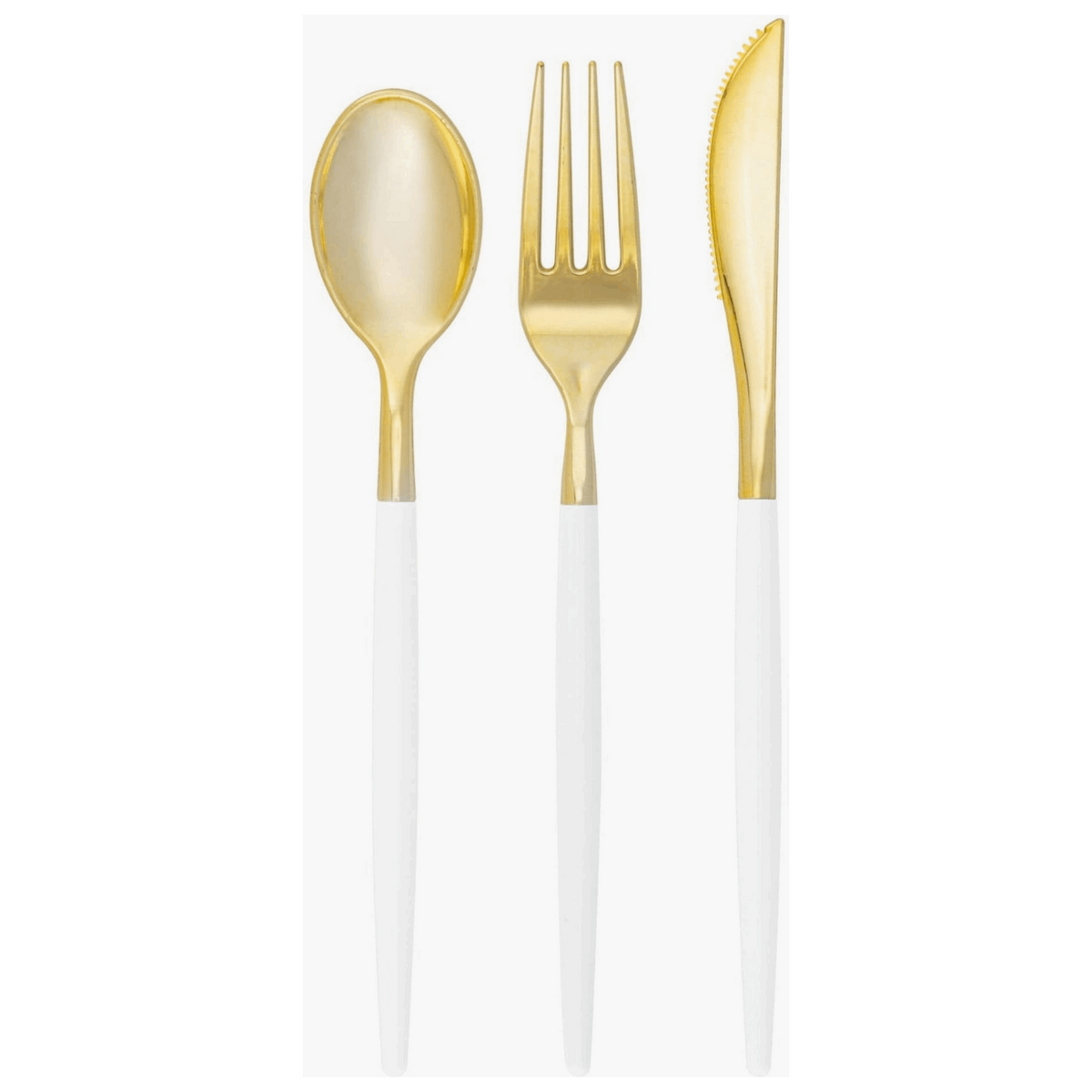 White background, White handle, and Gold Plastic Cutlery Set, showing 1 fork, 1 spoon, and 1 knife