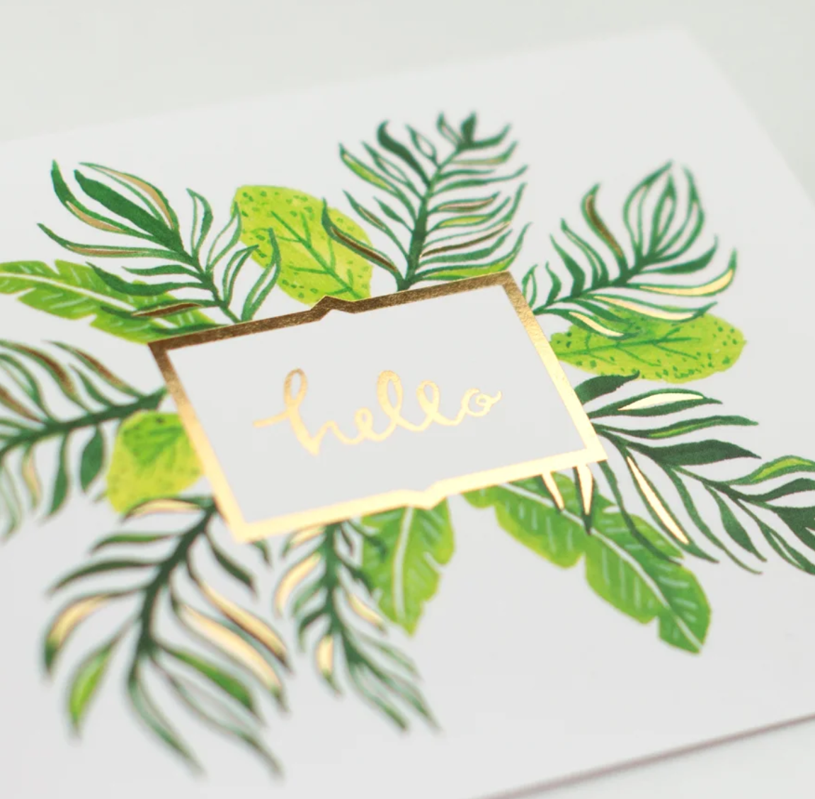 White greeting card with gold foil outlined square with the text "hello" in gold foil and illustrated green and gold palm and fern design coming out from behind the square from all sides