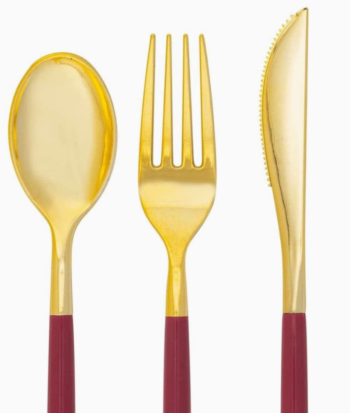 Cranberry and Gold Plastic Flatware Set-32pc