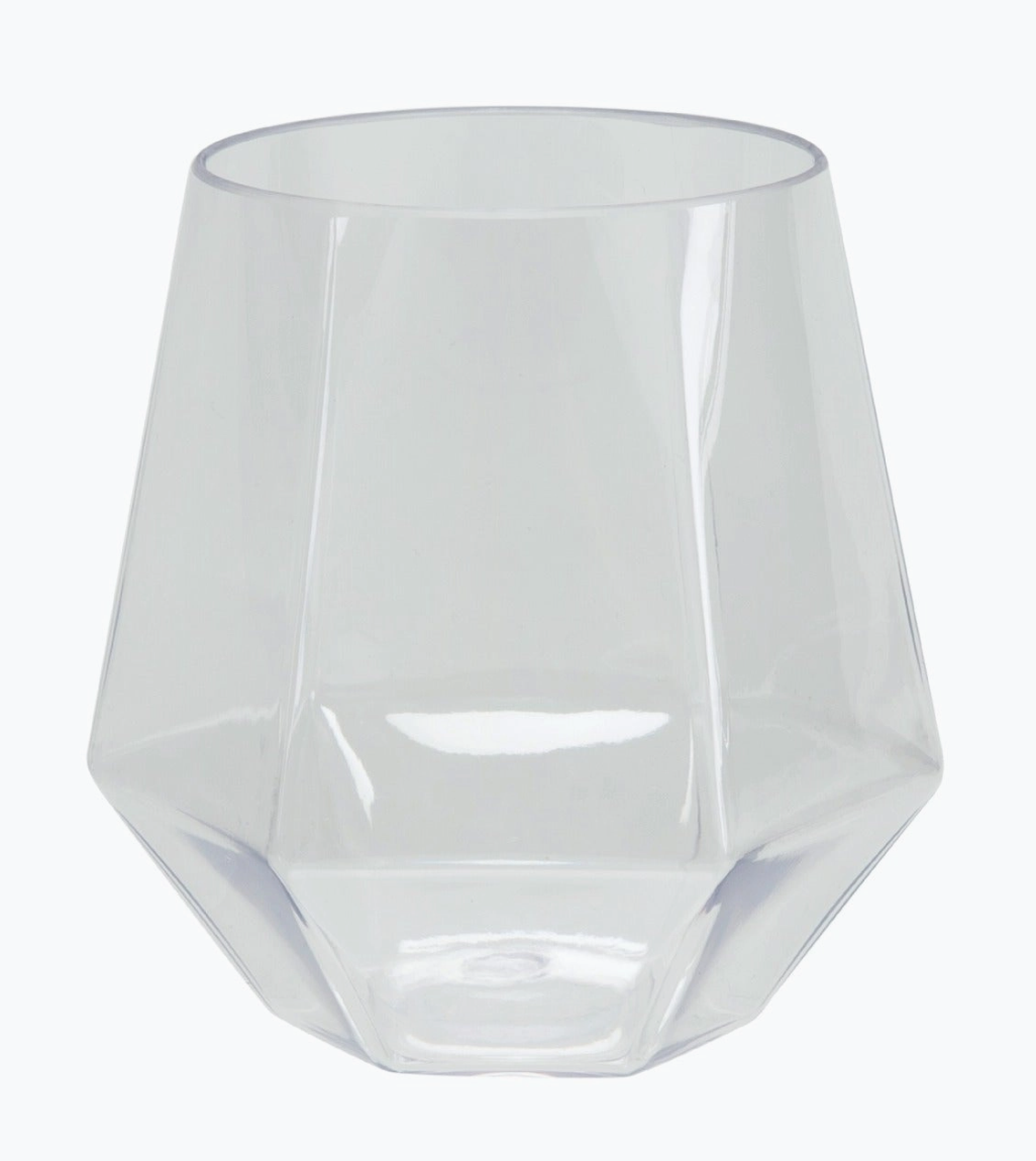 Clear plastic hexagon-shaped stemless wine goblet cup