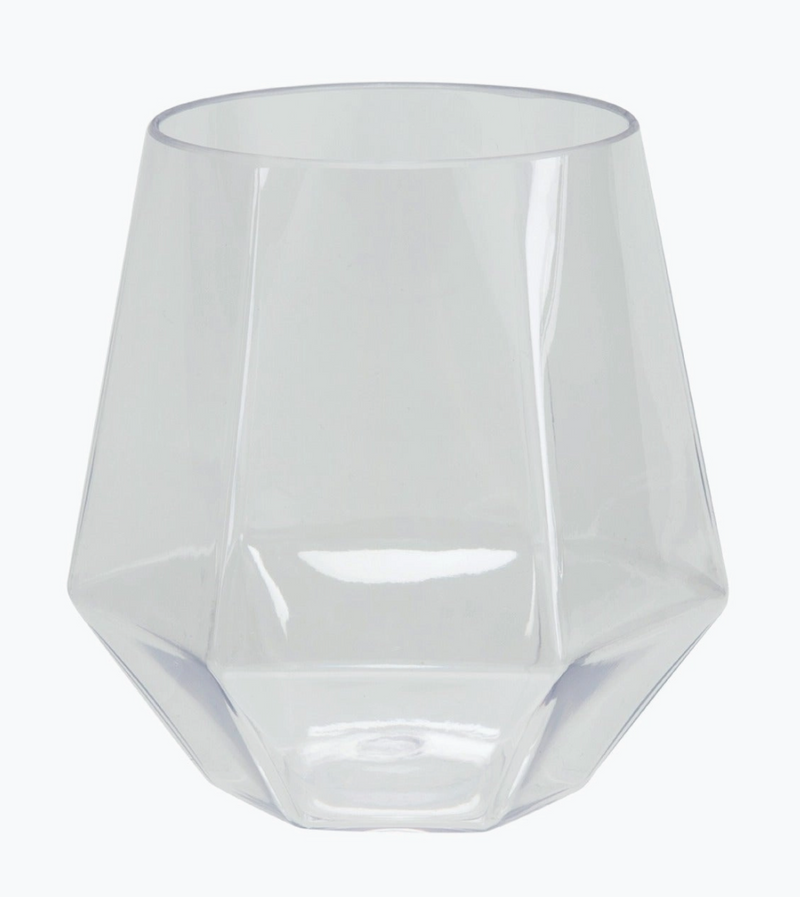 Clear plastic hexagon-shaped stemless wine goblet cup