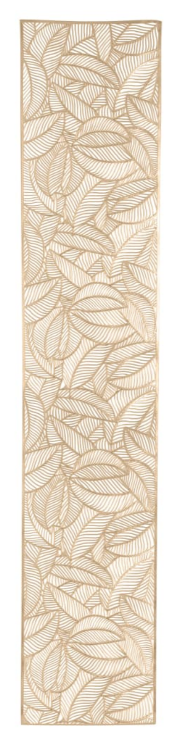 Gold runner rug with leaf pattern on a white background