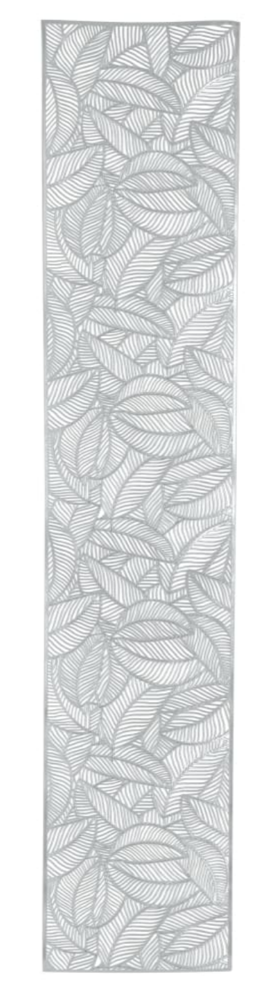 Silver runner rug with leaf pattern on a white background