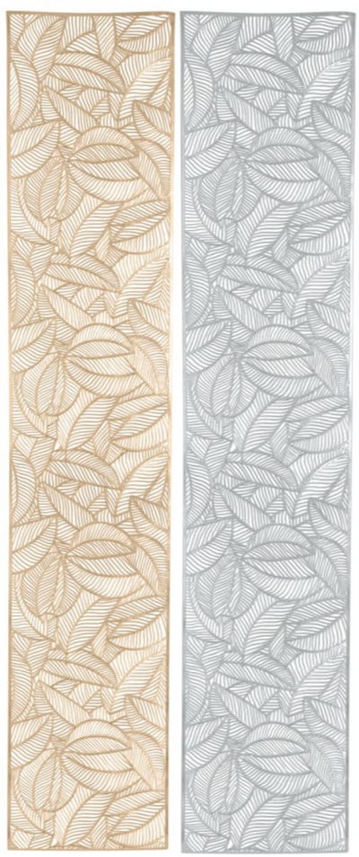 Two vertical table runners with laser cut leaf pattern design, 1 panel in gold color and the other panel in silver color on a plain background