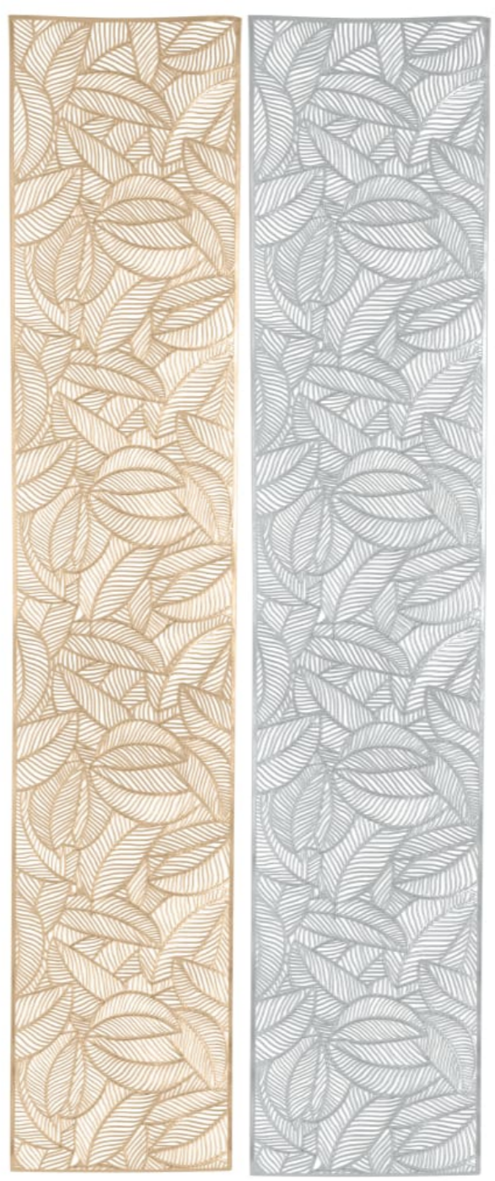 Two vertical table runners with laser cut leaf pattern design, 1 panel in gold color and the other panel in silver color on a plain background