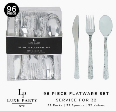 96-piece silver hammered texture flatware set with packaging, including forks, knives, and spoons, displayed on a white background.