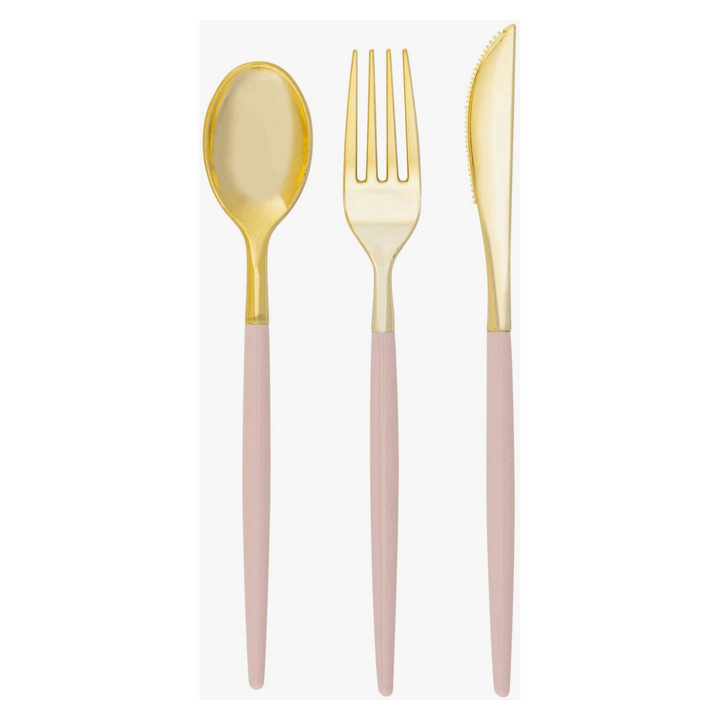 white background, a blush pink-handled and gold cutlery set showing 1 spoon, 1 fork, and 1 knife.