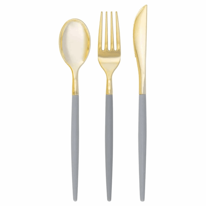 White background, a grey-handled and gold cutlery set, showing 1 spoon, 1 fork, and 1 knife