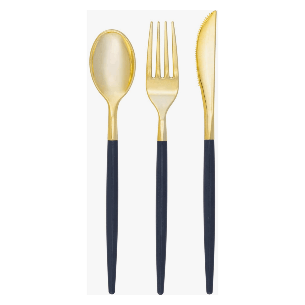 White background, Navy-handled and gold flatware set of 1 spoon, 1 fork, and 1 knife laid out next to each other.