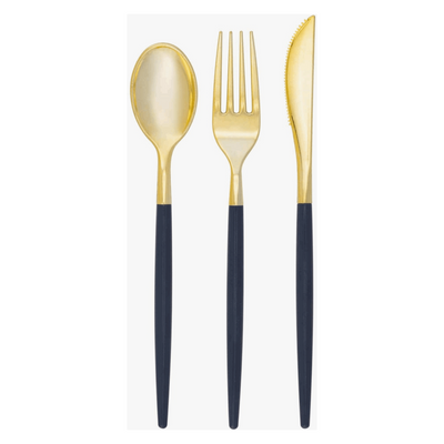White background, Navy-handled and gold flatware set of 1 spoon, 1 fork, and 1 knife laid out next to each other.
