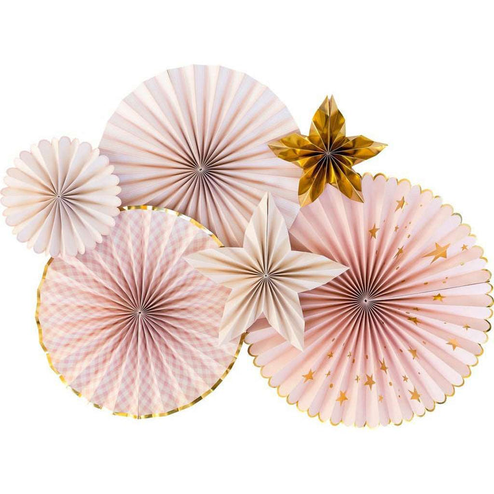 A set of pink, white, and gold party fans with different sizes, intended for decorative purposes.