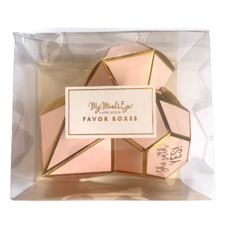 Package of pink and gold foil diamond shaped favor boxes