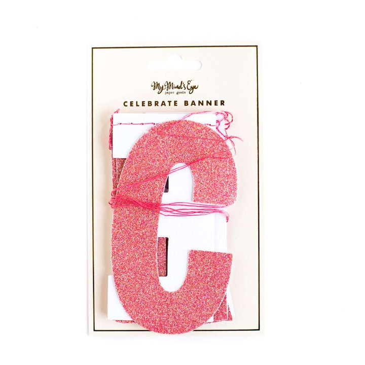 Package of glittery pink letter banner that spells the word celebrate