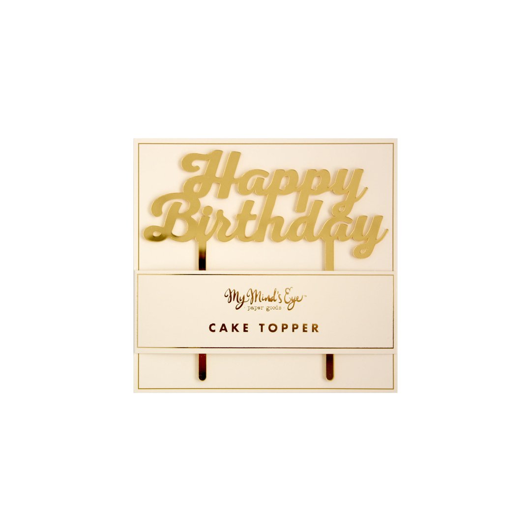 Packaged gold acrylic happy birthday cake topper